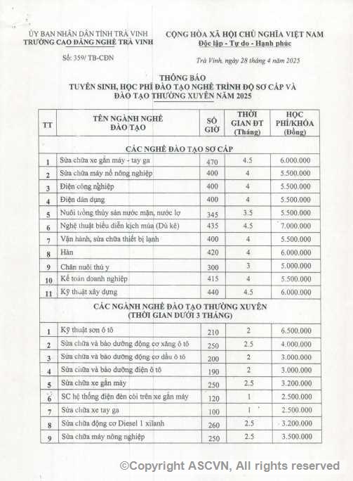 Thông báo tuyển sinh, học phí đào tạo nghề trình độ sơ cấp và đào tạo thường xuyên 2025